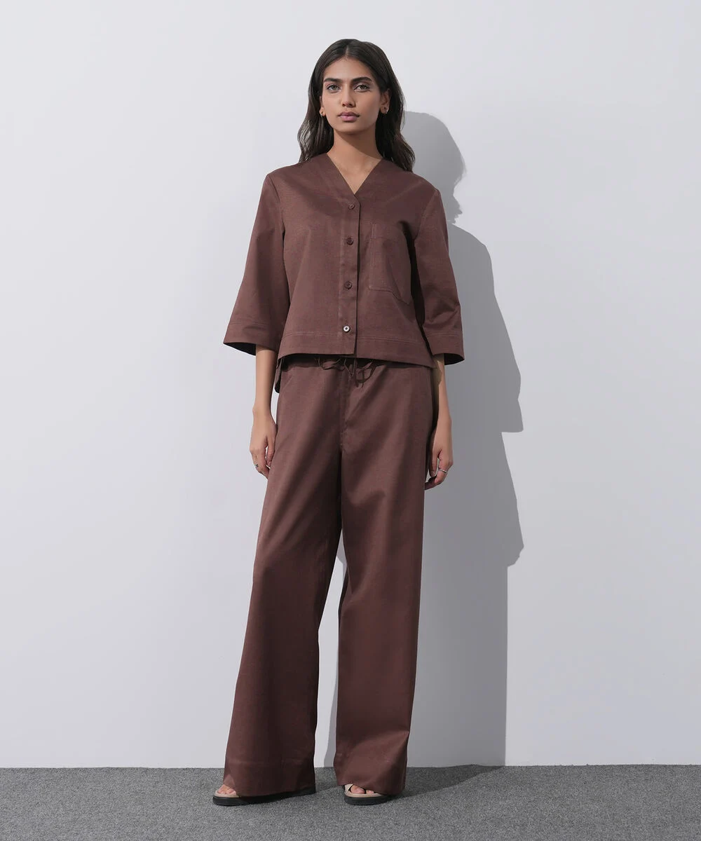 Brown Linen Blend Pull-On Trousers